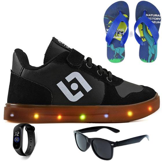 Imagem de Tenis Infantil De Led Casual Sapatenis Meninos Meninas Street Calce Facil + Chinelo Oculos Relogio