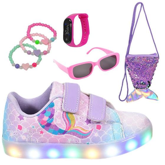 Imagem de Tênis Infantil De Led Feminino Casual Desenho Sereia +Pulseira+Óculos+Relógio+Bolsa Calda Sereia