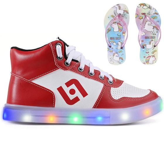 Imagem de Tenis Infantil De Led Meninas Botinha Cano Alto Escolar Casual Basico + Chinelo