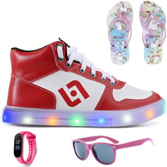 Imagem de Tenis Infantil De Led Meninas Botinha Cano Alto Escolar Casual Basico + Chinelo Oculos Relogio