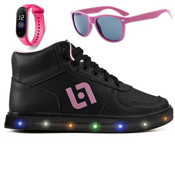 Imagem de Tenis Infantil De Led Meninas Botinha Cano Alto Escolar Casual Basico + Oculos Relogio