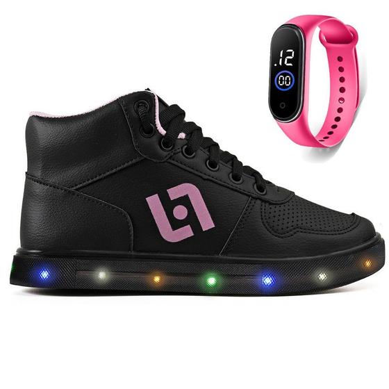 Imagem de Tenis Infantil De Led Meninas Botinha Cano Alto Escolar Casual Basico + Relogio