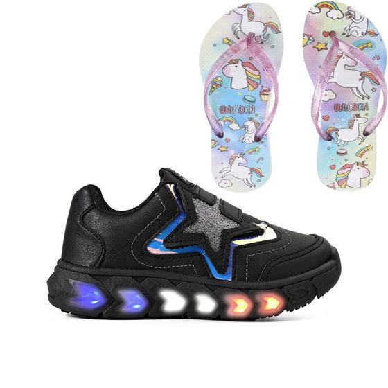 Imagem de Tenis Infantil De Led Meninas Estrela Holografico Casual LIGHT + Chinelo