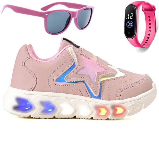 Imagem de Tenis Infantil De Led Meninas Estrela Holografico Casual LIGHT + Oculos Relogio