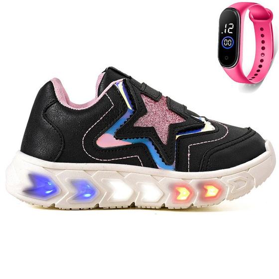 Imagem de Tenis Infantil De Led Meninas Estrela Holografico Casual LIGHT + Relogio