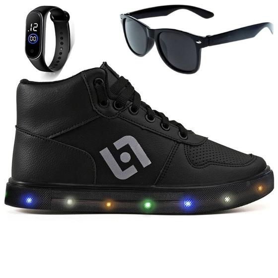 Imagem de Tenis Infantil De Led Meninos Botinha Cano Alto Escolar Casual Basico + Oculos Relogio