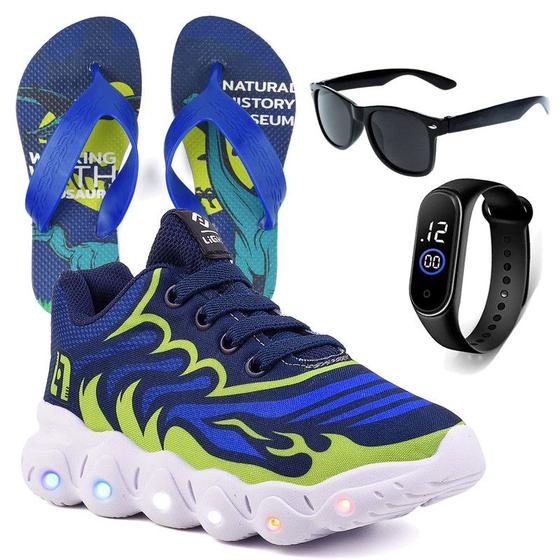 Imagem de Tenis Infantil De Led Meninos Calce Facil Desenhos Luzinha LIGHT + Chinelo Oculos Relogio