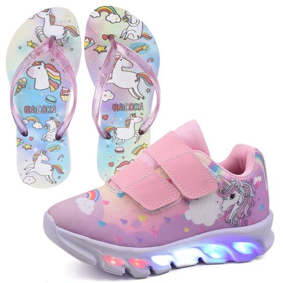 Imagem de Tenis Infantil De Led Unicornio Calce Facil Meninas LIGHT + Chinelo