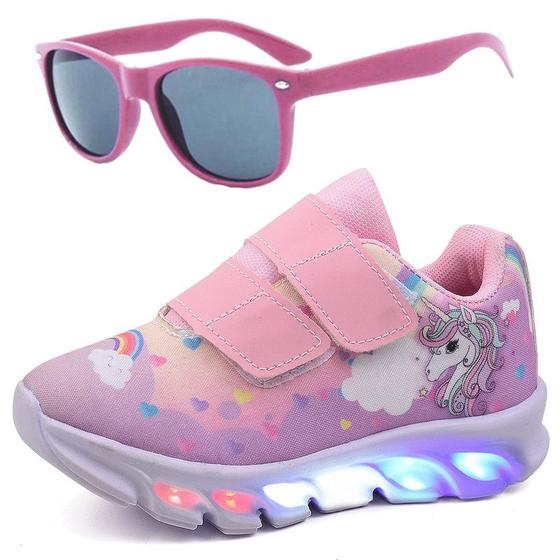 Imagem de Tenis Infantil De Led Unicornio Calce Facil Meninas LIGHT + Oculos