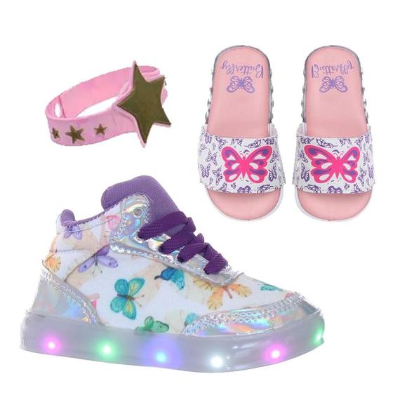 Imagem de Tenis Infantil de Menina Luz Led Holografica + Chinelo Borboleta com Luz e Pulseira