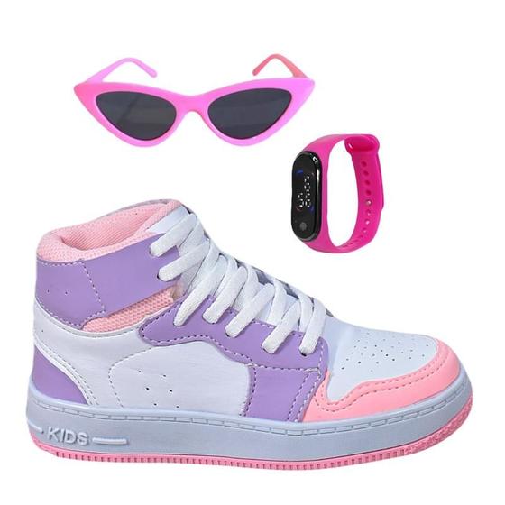 Imagem de Tênis Infantil Feminino Casual Botinha Cano Alto Meninas Básico Escolar +Óculos+Relógio