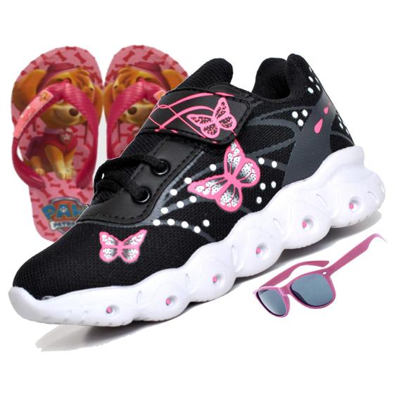 Imagem de Tenis infantil feminino elastico calcefacil - borboleta - preto rosa - menina + oculos + chinelo