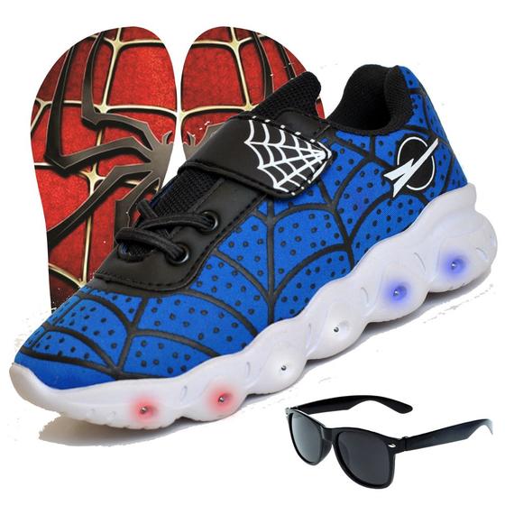 Imagem de Tenis infantil led masculino aranha - azul preto + oculos + chinelo - menino luzinha lançamento barato