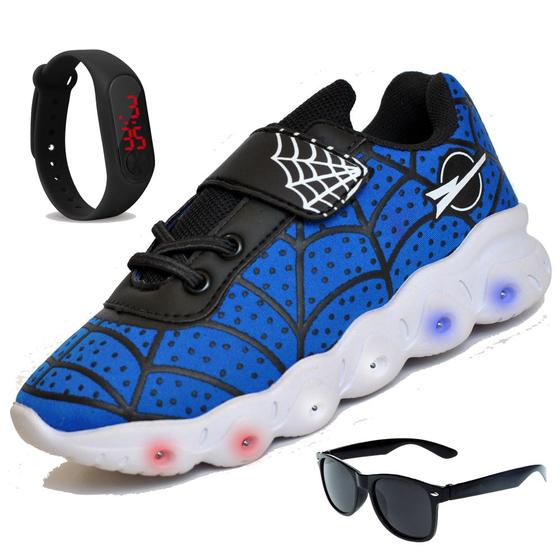 Imagem de Tenis infantil led masculino aranha - azul preto + oculos + relógio - menino luzinha lançamento barato