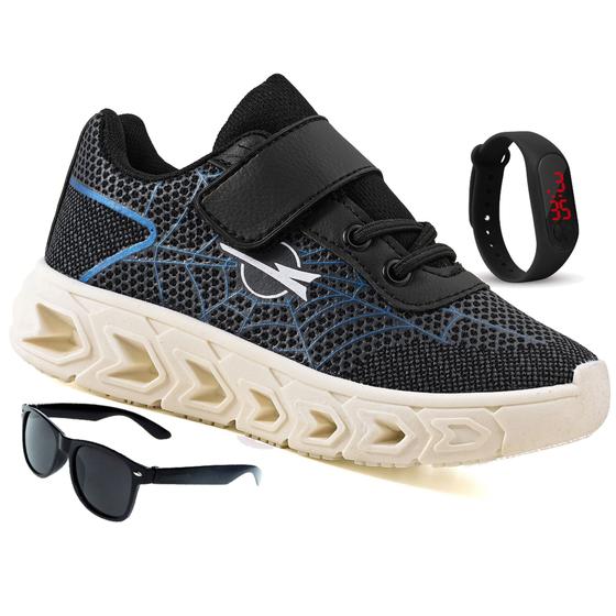 Imagem de Tenis infantil masculino elastico calcefacil - aranha 2.0 - preto/azul- menino + relogio + oculos