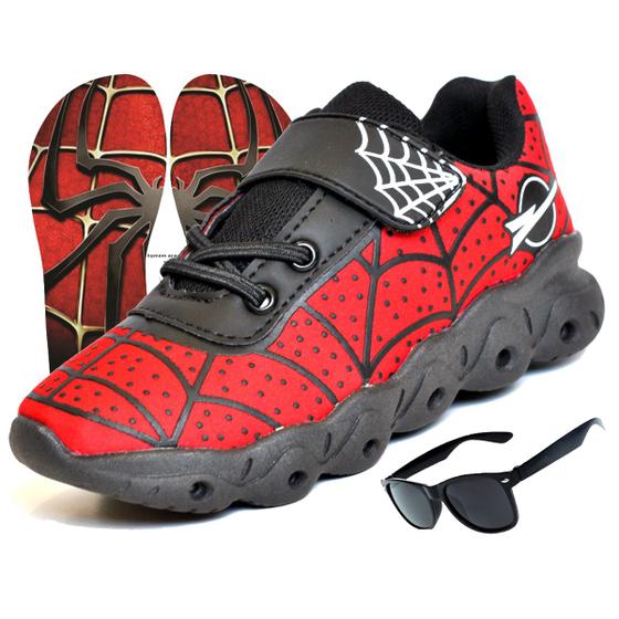 Imagem de Tenis infantil masculino elastico calcefacil - aranha - vermelho - menino + oculos + chinelo
