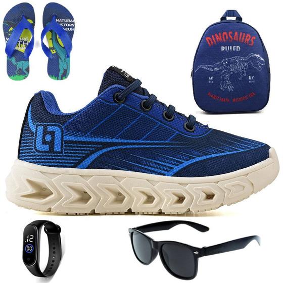 Imagem de Tenis Infantil Masculino Meninos Escolar Casual Calce Facil Basico + Mochila Chinelo Oculos Relogio