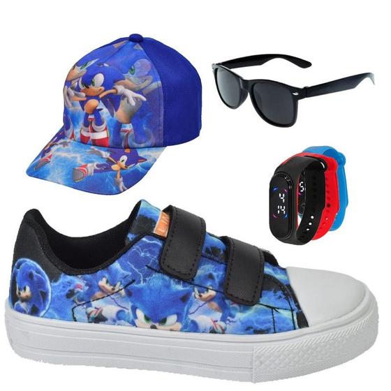 Imagem de Tênis Infantil Masculino Sonic Casual Escolar Passeio + Óculos + Relógio + Boné