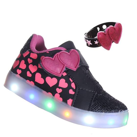 Imagem de Tenis Infantil Menina Com Luz Led Pisca Brilha Vem a Pulseira Love Coração