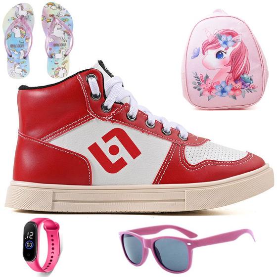 Imagem de Tenis Infantil Meninas Botinha Cano Alto Escolar Casual Basico + Mochila Chinelo Oculos Relogio