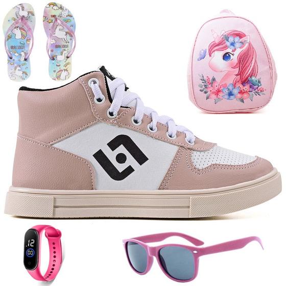 Imagem de Tenis Infantil Meninas Botinha Cano Alto Escolar Casual Basico + Mochila Chinelo Oculos Relogio