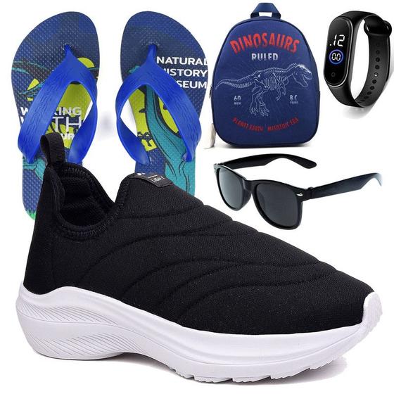 Imagem de Tenis Infantil Meninos Calce Facil Leve Tipo Meia + Mochila Chinelo Oculos Relogio