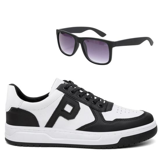 Imagem de Tênis Masculino Cano Baixo Skate Esportivo Casual Confortável Preto Branco + Óculos De Sol