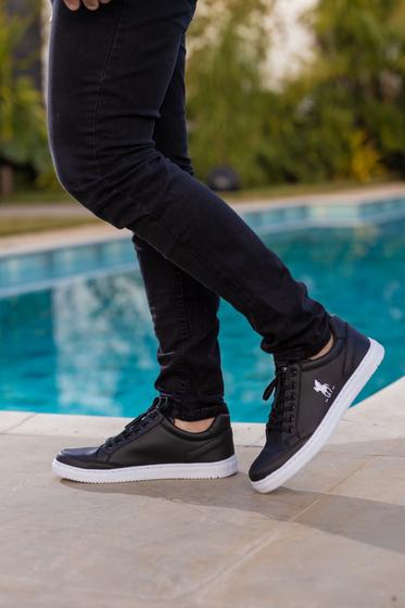 Tênis Masculino Casual Polo Branco Preto All Black Menor preço em Tênis Masculino Casual Polo Branco Preto All Black