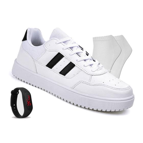 Imagem de Tenis Masculino Casual Sneaker Original Sapatenis - Branco/Preto + Relógio + Meia