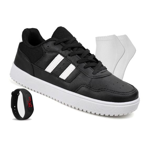 Imagem de Tenis Masculino Casual Sneaker Original Sapatenis - Preto/Branco + Relogio + Meia