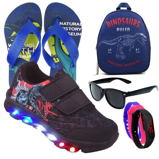 Imagem de Tenis Masculino De Led Calce Facil Infantil Dinossauro  Luzinha + Mochila Chinelo Oculos Relogio