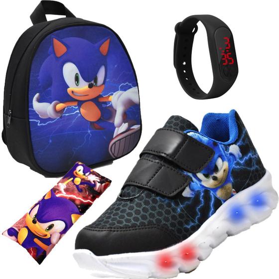 Imagem de Tenis Masculino De Led Sonic Infantil Luzinha Com Mochila Relogio e Bolsinha