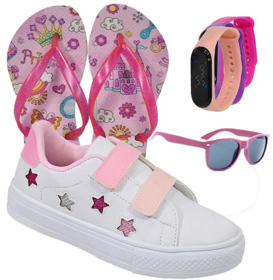 Imagem de Tênis Menina Estrela Glitter Feminino Infantil + Chinelo + Óculos + Relógio