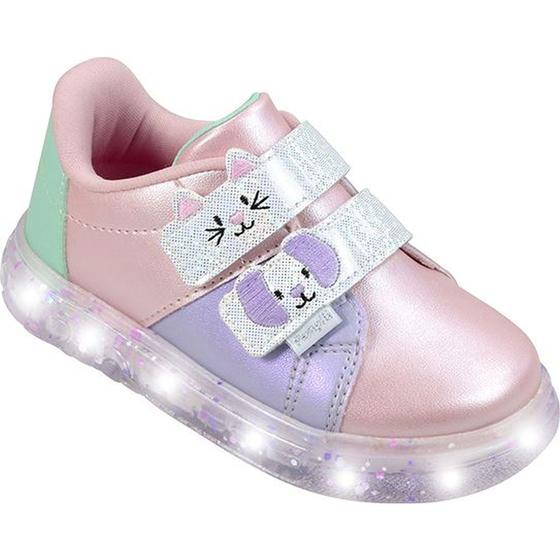 Imagem de Tênis Menina Sneaker Luz Fechos Gatinho e Cachorrinho Colorido - Pampili