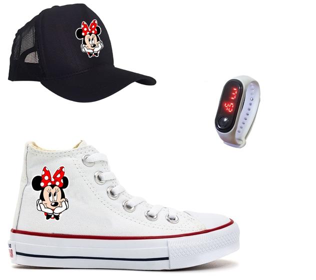 Imagem de Tênis Minnie Mouse Boné E Relógio Infantil All Cano Alto Moda Jovem Feminina