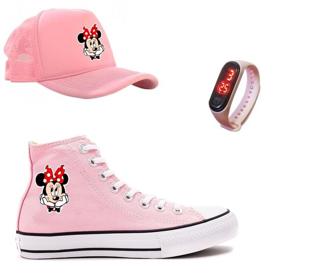 Imagem de Tênis Minnie Mouse Boné E Relógio Infantil All Cano Alto Moda Jovem Feminina