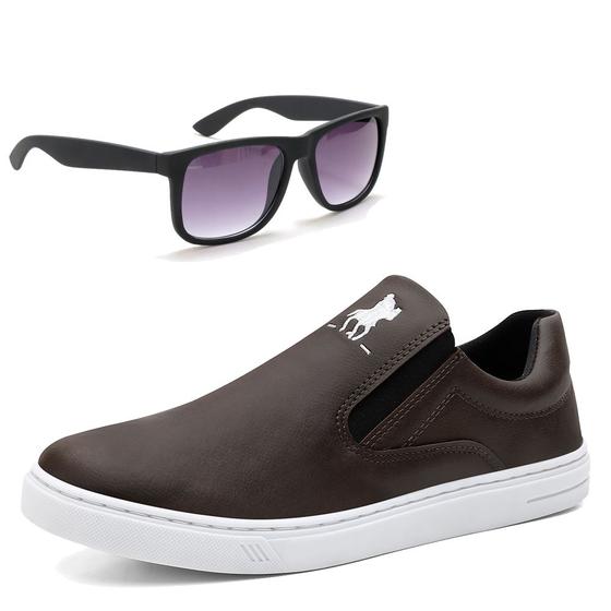 Imagem de Tênis Slip On Sapatênis Masculino Casual Elegante Confortável Plus Marrom + Óculos De Sol