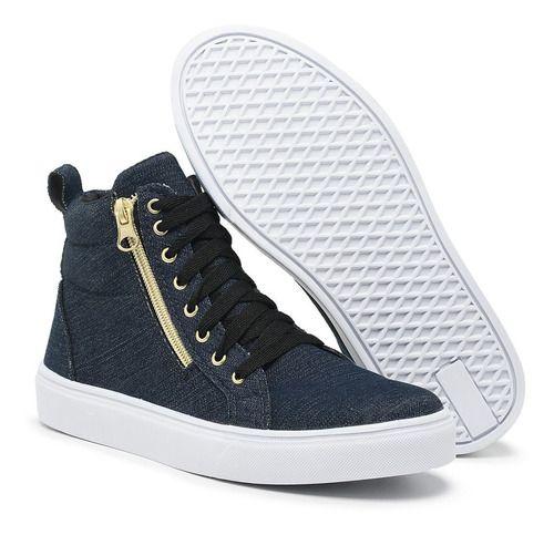 Imagem de Tênis Sneaker Cano Alto Feminino Cadarço Zíper Estilo Macio Azul Jean