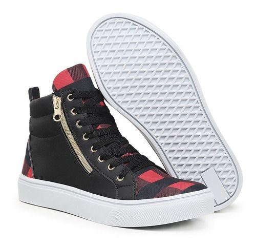 Imagem de Tênis Sneaker Cano Alto Feminino Cadarço Zíper Estilo Macio Preto Xadrez