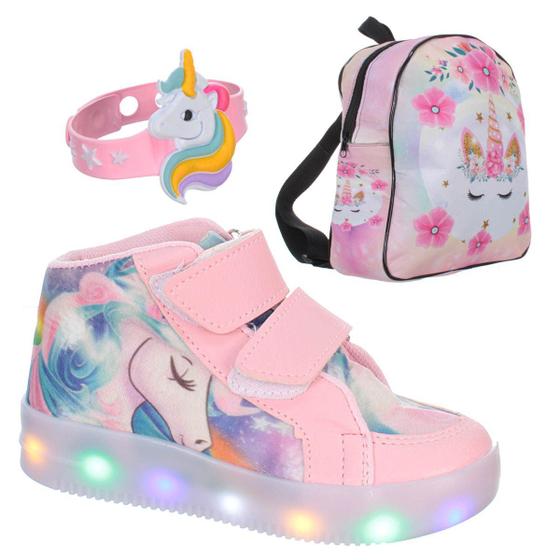 Imagem de Tenis Unicórnio Com Luz Led Infantil Feminino Kids Meninas com Mochila e Pulseira