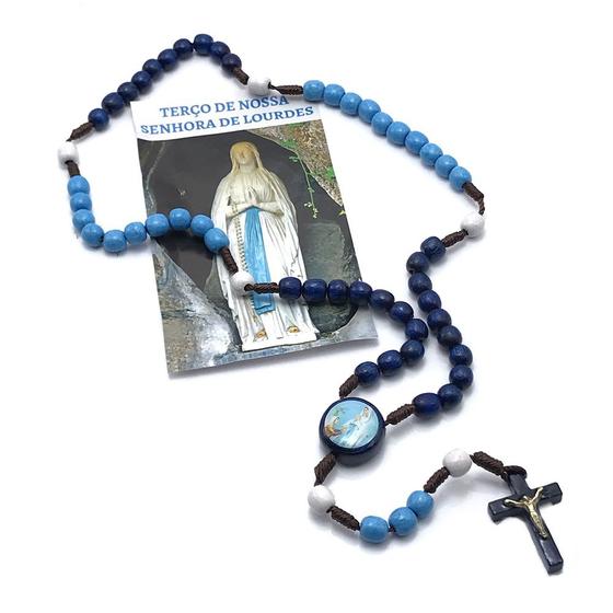 Imagem de Terço de Nossa Senhora de Lourdes Azul com Folheto de Oração
