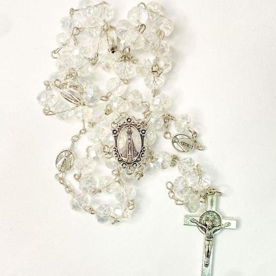 Imagem de Terço missanga hexagonal religioso Nossa Senhora Aparecida prata clássico