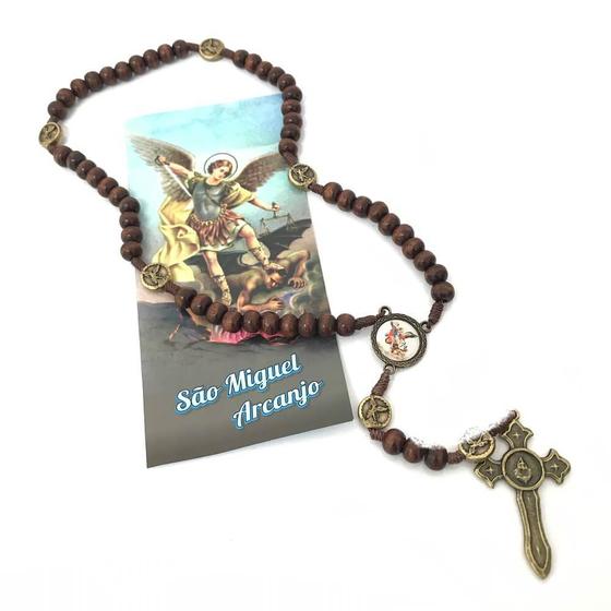 Imagem de Terço São Miguel Arcanjo Madeira Crucifixo Espada com Folheto
