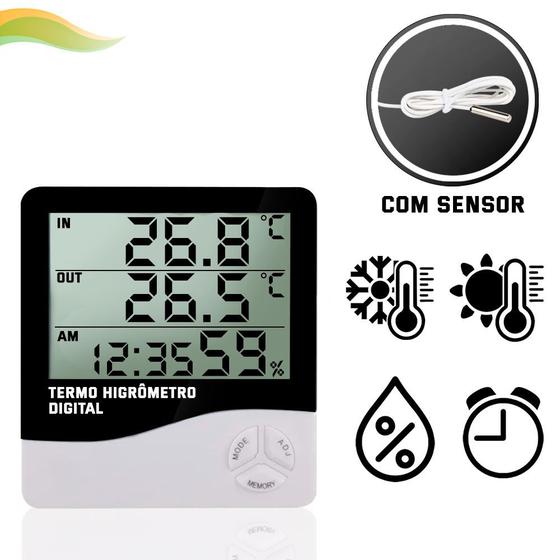 Imagem de Termo Higrômetro Digital Com Sensor Externo e Relógio