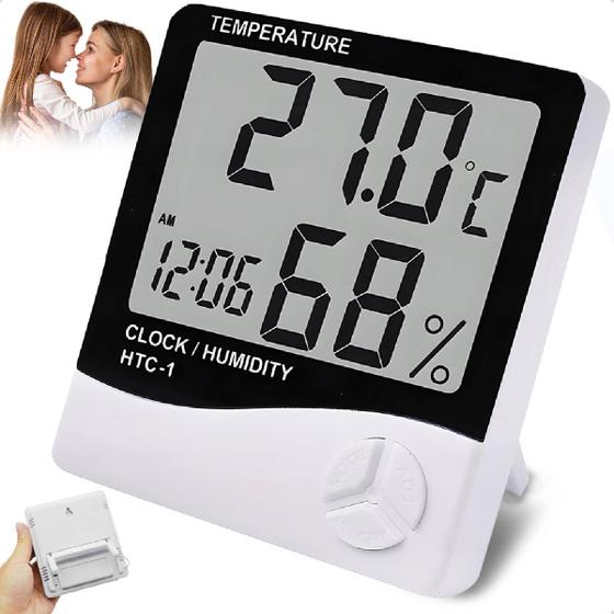 Imagem de Termo Higrômetro Digital Sensor Externo Interno Medidor De Temperatura Umidade Ar E Relógio Digital