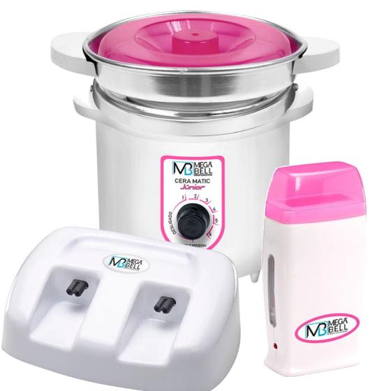 Imagem de Termocera Panela Depilação 400g c/ Refil + Base Dupla c/ 1 Rollon Branco c/ Rosa Mega Bell