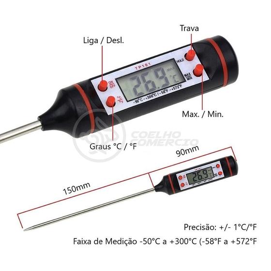 Imagem de Termômetro Culinário Cozinha Digital com Espeto Alimentos e Líquidos Mede -50ºC a +300ºC