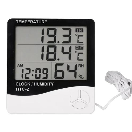 Imagem de termômetro digital higrômetro eletrônico medidor de temperatura umidade relógio com sensor sonda externa