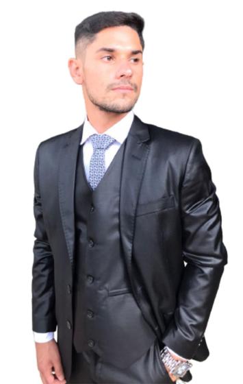 Terno Slim Masculino + Colete Poliviscose Preto Encerado - Blazer+Calça+Colete+barato Menor preço em Terno Slim Masculino + Colete Poliviscose Preto Encerado - Blazer+Calça+Colete+barato