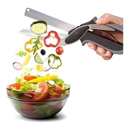 Imagem de Tesoura Cutelo Faca Fatiador Legumes 2 Em 1 Multiuso Cozinha Cortar Alimentos - Tendmix